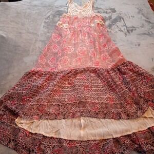 Free People Native Rose Dress Pink Lace Bohemian‎ Midi Patchwork Size 4 Boho